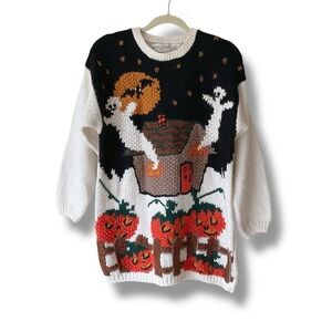 Casual Corner Vintage Hand Knit Haunted House Halloween Sweater Size S